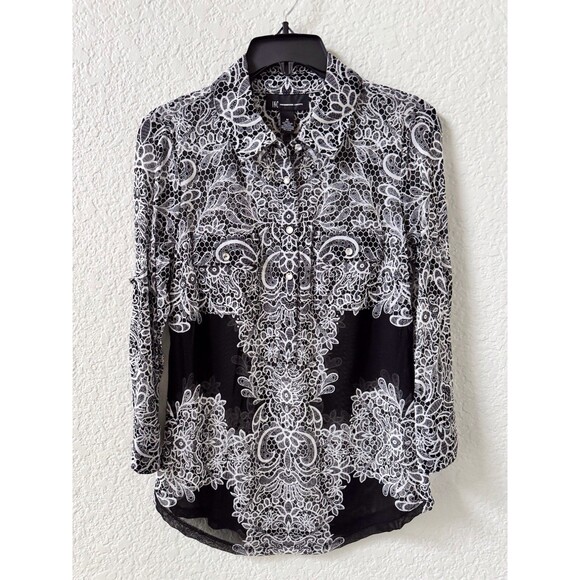 I.N.C. Women’s Petite M Sheer Blouse Gem Buttons Cuff Sleeve B/W Pockets - Picture 1 of 12